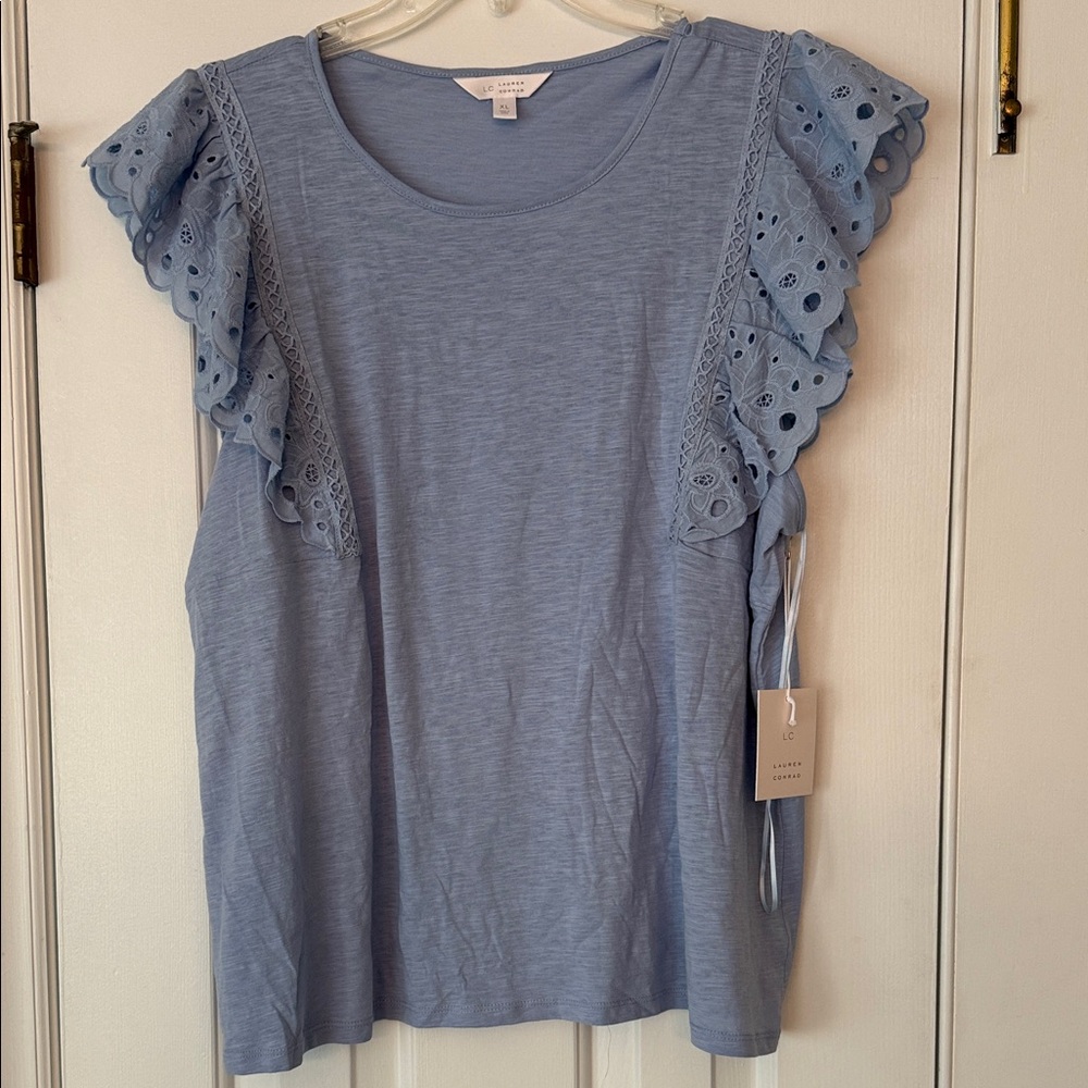 LC Lauren Conrad Light Blue Eyelet Sleeve Blouse